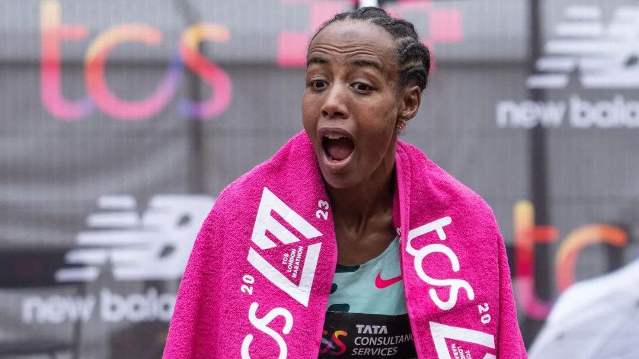 Sifan Hassan after her win in the 2023 London Marathon.