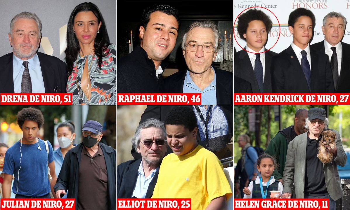 Robert De Niro has seven children: sons Raphael (48), Elliot (26), Julian (29), and Aaron (now Airyn, 29), plus daughters Drena (53), Helen Grace (13), and Gia (1).