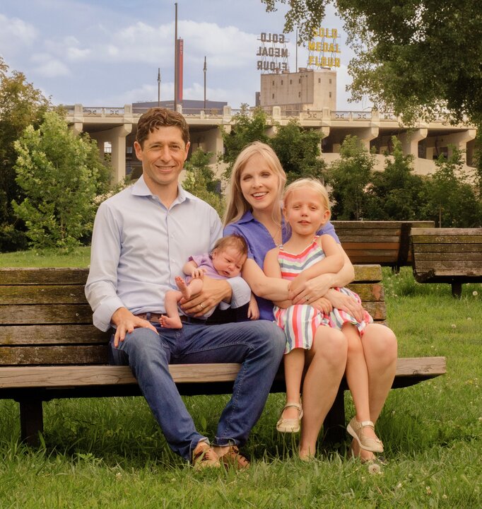 Jacob Frey with his wife, Sarah Clarke, and two daughters.